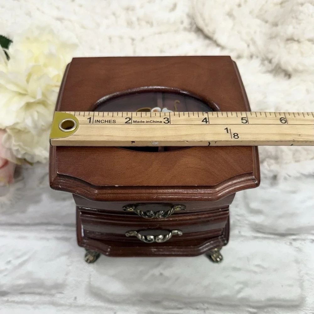 Vtg MeLe Small Wood Claw Foot Jewelry Music Box Stain Glad Flower Pretty Dainty